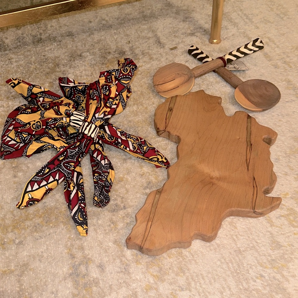 Africa shaped charcuterie board set with handmade serving utensils,napkins/rings